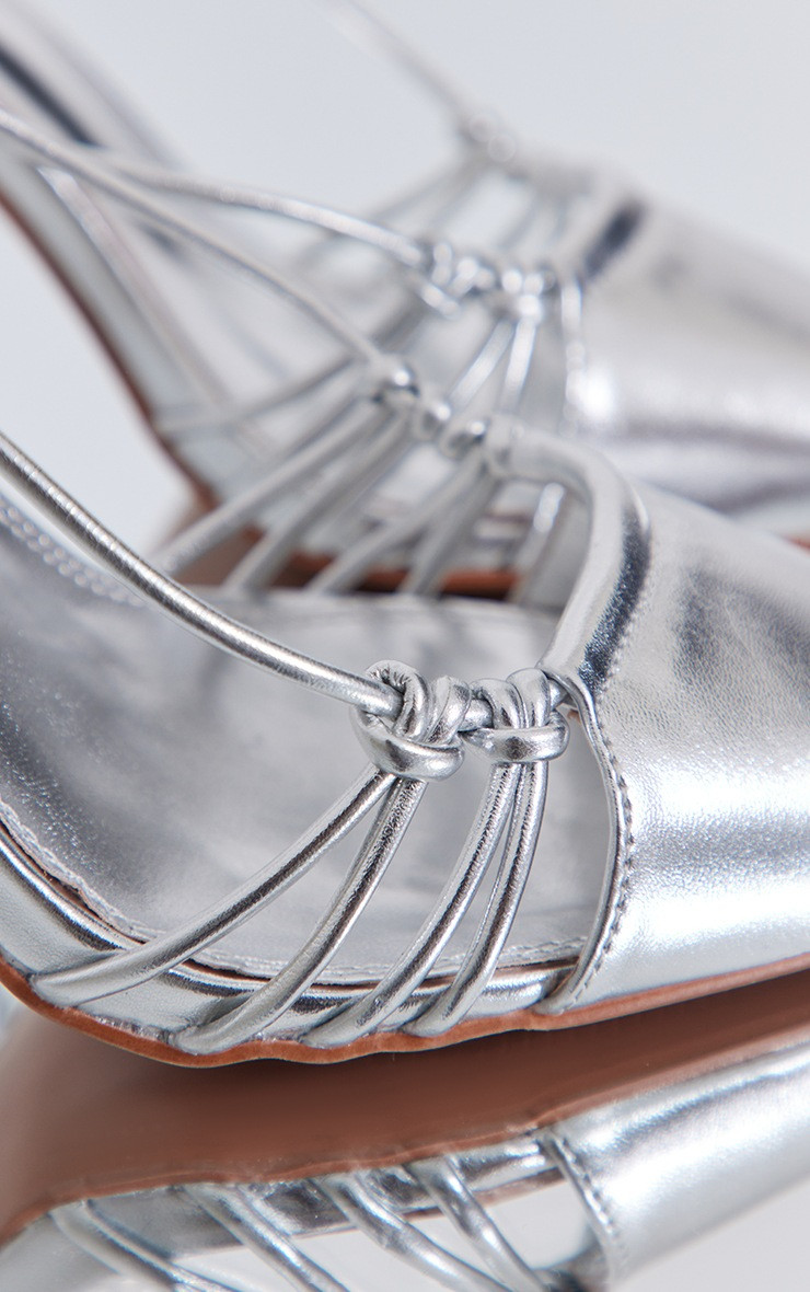 Silver Metallic Pointed Stiletto Toe Knot Detail High Heeled Sandals | PrettyLittleThing US