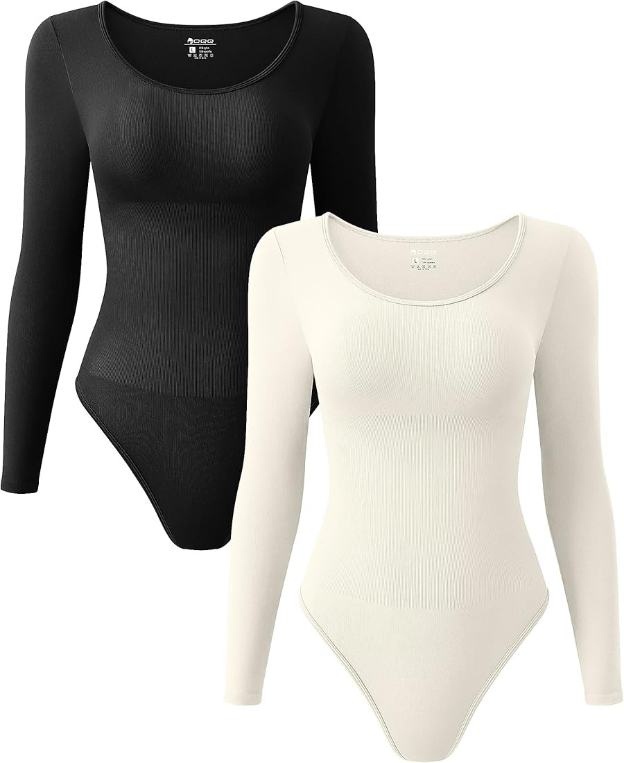 OQQ Women's 2 Piece Bodysuits Sexy Ribbed One Piece Long Sleeve Crew Neck Tops Bodysuits | Amazon (US)