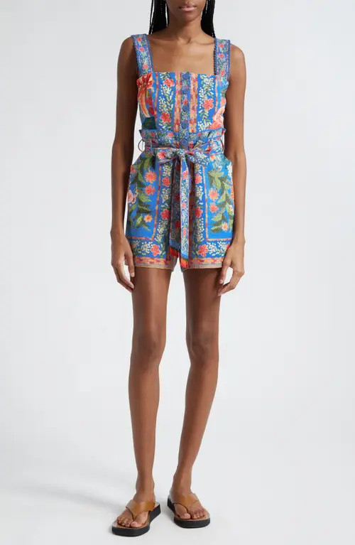 FARM Rio Stitched Garden Floral Belted Linen Blend Romper in Stitched Garden Blue at Nordstrom, Size Xx-Small | Nordstrom