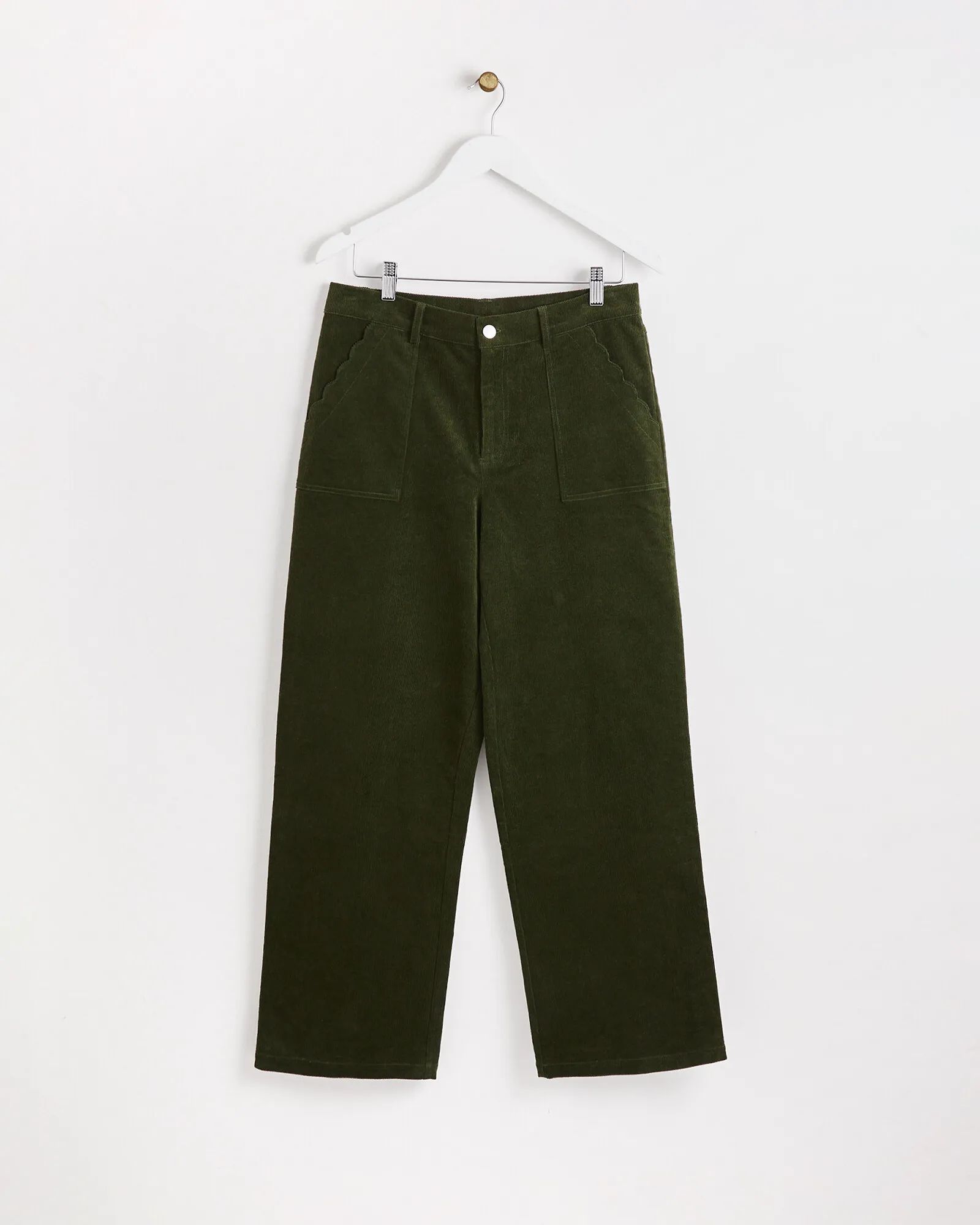 Olive Green Wide Leg Scalloped Pocket Corduroy Trousers | Oliver Bonas | Oliver Bonas (Global)