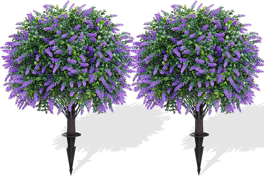 Artificial Lavender Topiary Ball Trees with Ground Spike, Set of 2 UV Resistant Artificial Shrubs... | Amazon (US)
