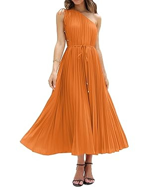 BTFBM Women's Drawstring One Shoulder Maxi Dresses Summer Sleeveless Tie Waist Pleated Long Flowy... | Amazon (US)