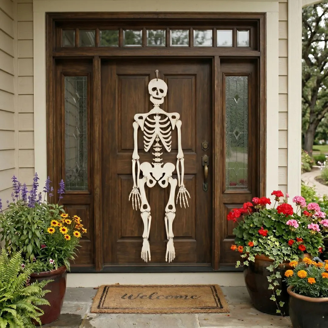 Life Size Wooden Skeleton Halloween Decor, Poseable Hanging Skeleton for Front Door, Covered Porc... | Etsy (Global)