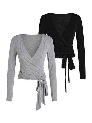 SweatyRocks Women's Pilates Outfits Wrap Tops Ballet Yoga Coquette Shirt Cute Long Sleeve Workout Activewear Black and Grey Large | Amazon (US)