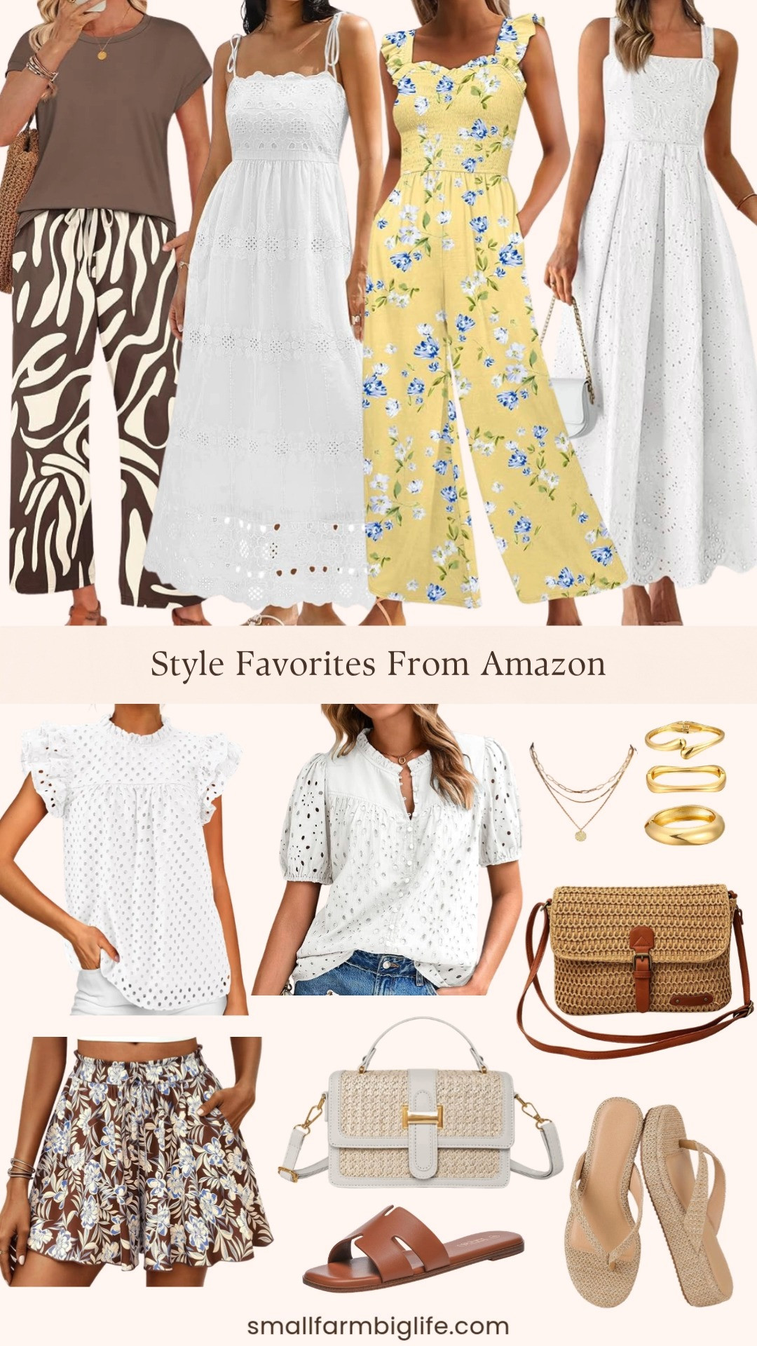 These are my top selling style favorites from Amazon this past week, and it is easy to see why they are flying off the shelves.
For dresses, the white PRETTYGARDEN eyelet square neck maxi dress and the white dowerme smocked eyelet cotton maxi dress are both perfect for a beach vacation, and the yellow and blue floral Caracilia smocked wide leg jumpsuit is such an easy one and done outfit. The brown and cream WIHOLL two piece lounge set is great for airport travel or lounging.
For tops, the white BTFBM ruffle sleeve lace blouse and the white Glamaker eyelet embroidered puff sleeve shirt are both feminine and easy to dress up or down. The brown, blue, and cream floral PRETTYGARDEN flowy wide leg shorts round out the casual pieces.
For shoes and accessories, the natural raffia platform flip flops and the cognac leather slide sandals are perfect for summer, and the natural and cream straw crossbody bags add the perfect finishing touch to any vacation outfit. The chunky gold bangle bracelets are an easy way to elevate any look. 

 #LTKootd #LTKSeasonal #LTKOver40