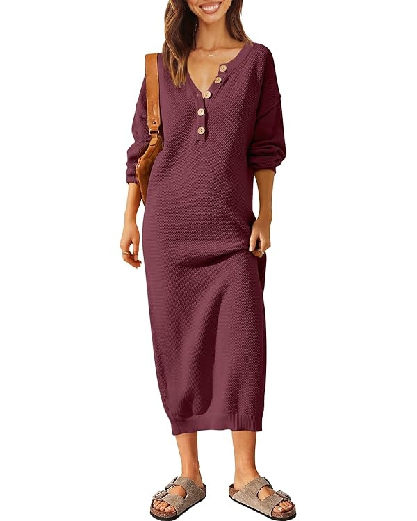 LILLUSORY Women Pullover Sweater Maxi Dresses 2023 Fall Long Sleeve Button V Neck Oversized Waffl... | Amazon (US)