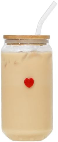 Greefun Coquette Aesthetic Glass Can Cup with Bamboo Lid and Straw, 16oz Cute Red Heart Travel Tu... | Amazon (US)