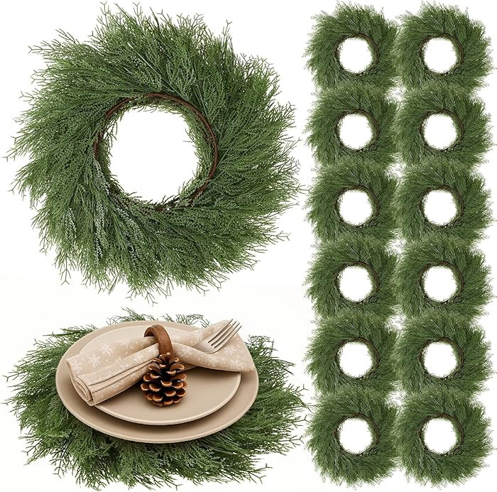 Christmas Placemats Set of 12 Round Greenery Place Mats Xmas Circular Artificial Wreath Dining Ta... | Amazon (US)