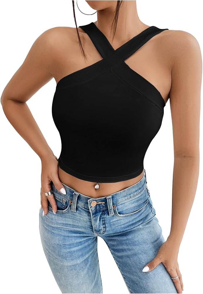 Floerns Women's Criss Cross Halter Top Backless Sleeveless Party Club Crop Tops | Amazon (US)