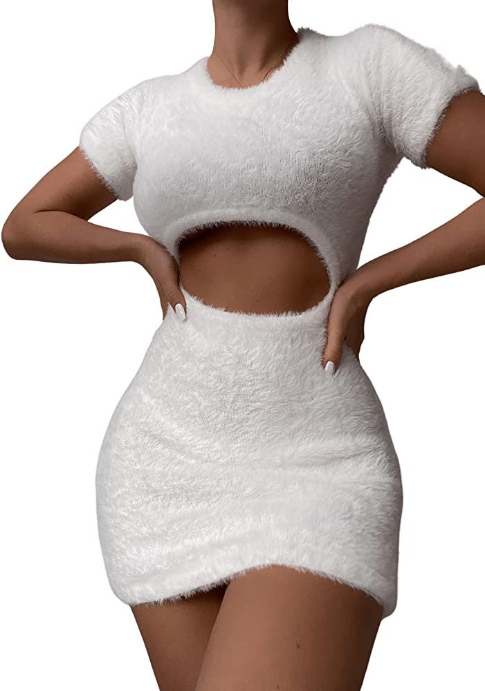 SweatyRocks Women's Round Neck Short Sleeve Fuzzy Sweater Dress Cut Out Bodycon Mini Dress | Amazon (US)