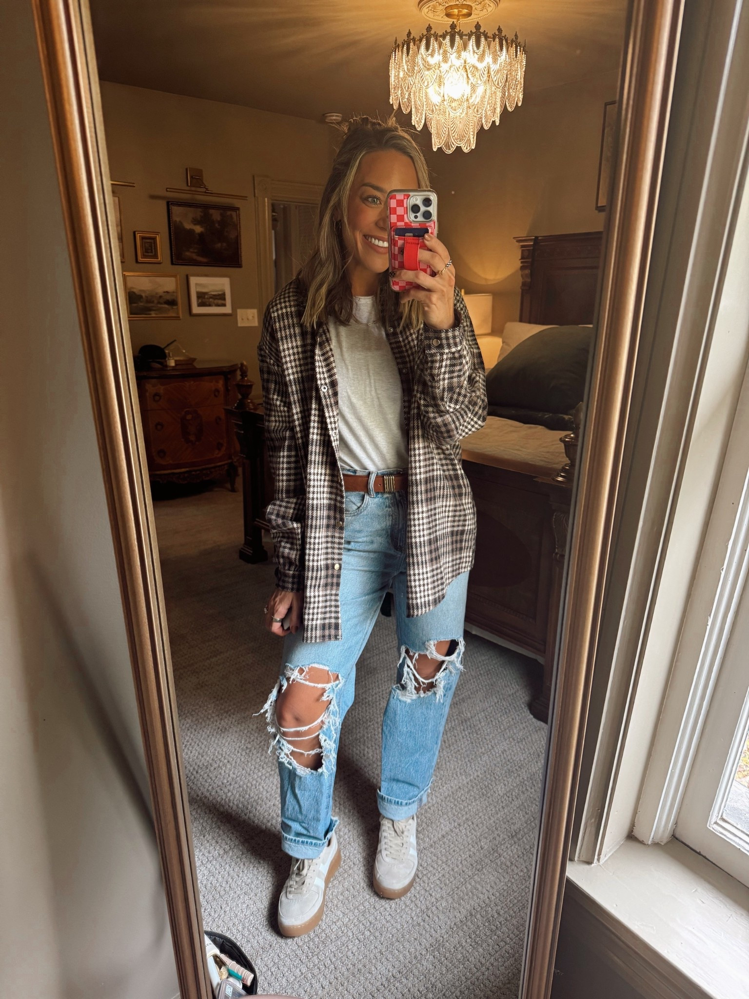 This Amazon plaid shacket is SO GOOD. 10/10! I got a M & it’s perfectly oversized s bit to layer 🙌🏼🤎 so warm & cozy + clip buttons! S baby tee, S tank, & 2 regular jeans! TTS sneakers 👟

Fall style inspo / amazon fashion / comfy / cute / neutrals / fall vibes / ootd / travel / Holley Gabrielle / American Eagle 

#LTKStyleTip #LTKSeasonal #LTKFindsUnder100