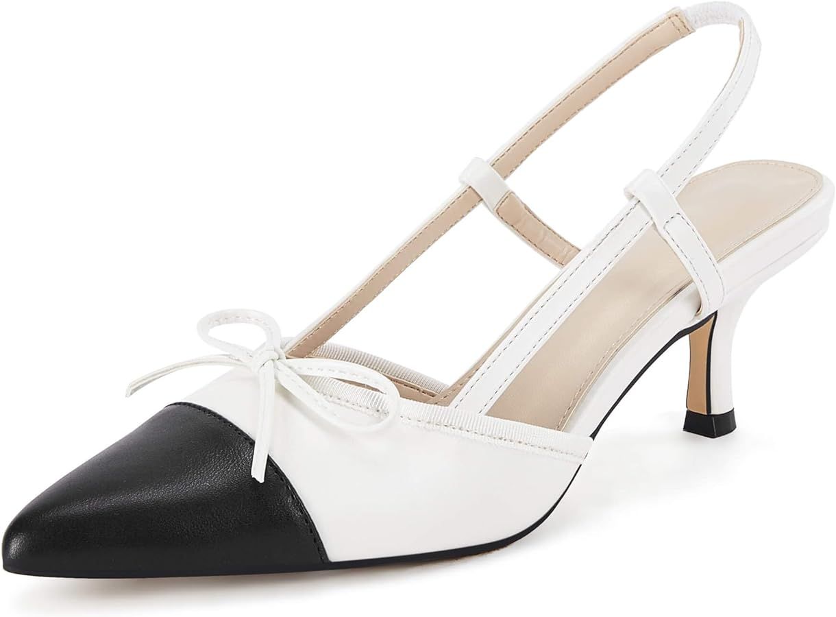 Coutgo Women's Bow Tie Slingback Pumps Pointed Toe Kitten Low Heel Patchwork Dress Heeled Sandals | Amazon (US)