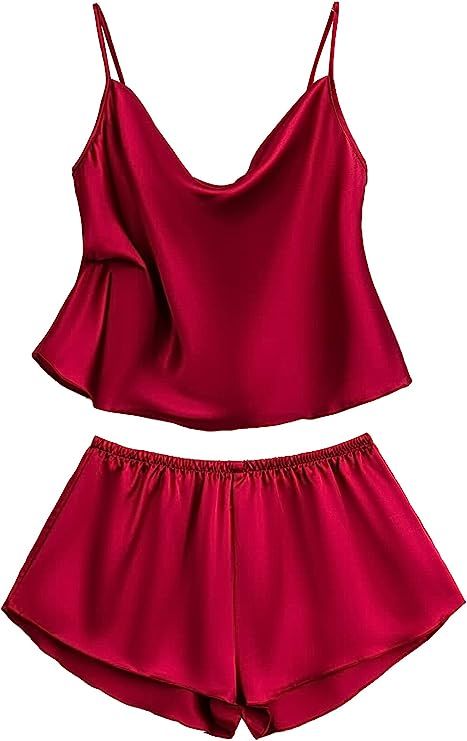 SheIn Women's 2 Pcs Nightwear Solid Drape Neck Cami and Shorts PJ Sets Satin Sleepwears | Amazon (US)