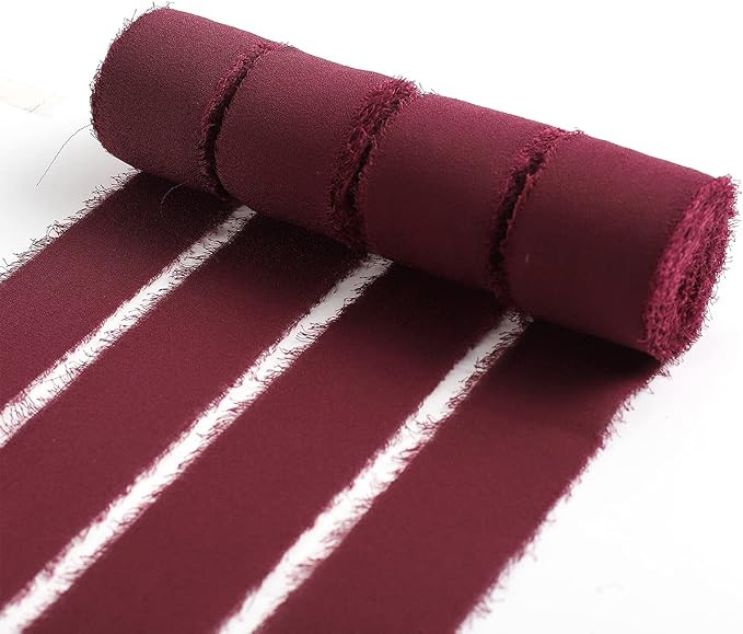 4 Rolls Burgundy Handmade Fringe Chiffon Silk Ribbon 1" x 5Yd Per Roll,Frayed Edges Ribbon for Gi... | Amazon (US)