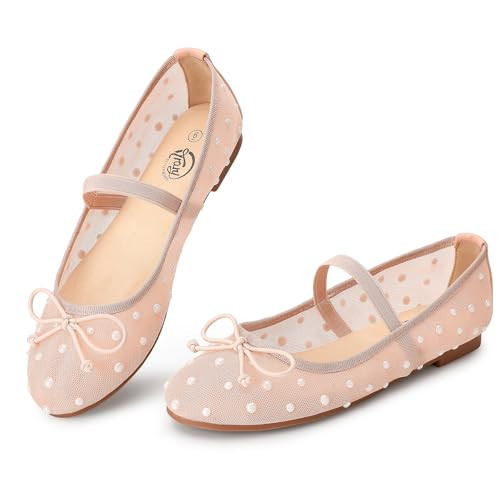 Trary Mesh Nude Flats for Women Round Toe Ballet Flats with Pearls Mary Jane Shoes Women with Bowknot and Elastic Strap, Comfortable Dress Shoes for Wedding Party Casual Wear, Size 7.5 | Amazon (US)