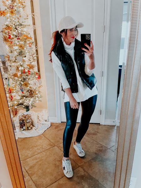 Casual winter outfit idea! 🖤❤️
Tunic length ribbed turtleneck sweater (size small) 
faux leather leggings (size small) 
faux leather puffer vest (small) 
Sherpa baseball hat & golden goose sneakers

#LTKHoliday #LTKfindsunder50 #LTKstyletip