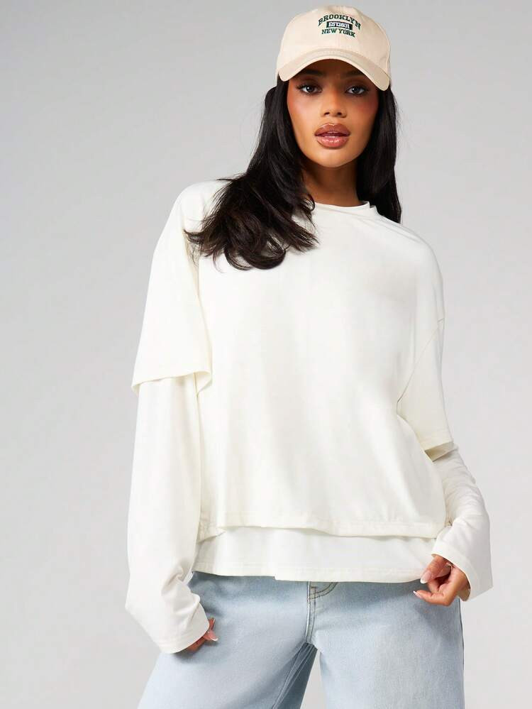 MISSGUIDED Double Layered Oversized Crew Neck Long Sleeve Casual Relaxed Fit Pullover Top With Dropped Shoulders And Boxy Silhouette | SHEIN