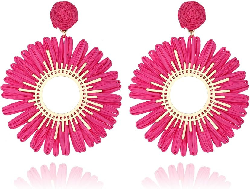 Large Raffia Sunflower Earrings, Handmade Raffia Statement Drop and Dangle Earrings Summer Tropic... | Amazon (US)