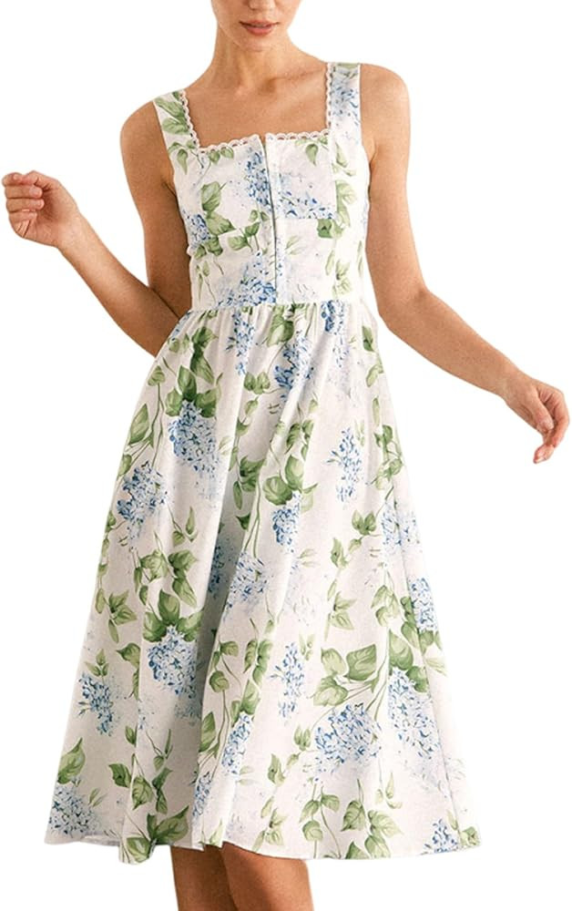 RIHOAS Womens Sundress Summer Floral Printed Short Sleeve A-Line Midi Dress Wedding Guest Dresses | Amazon (US)