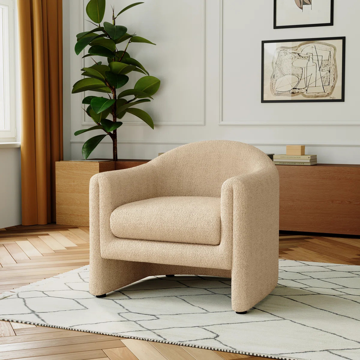 Esly Upholstered Modern Curved Camel Boucle Barrel Accent Chair | Wayfair North America