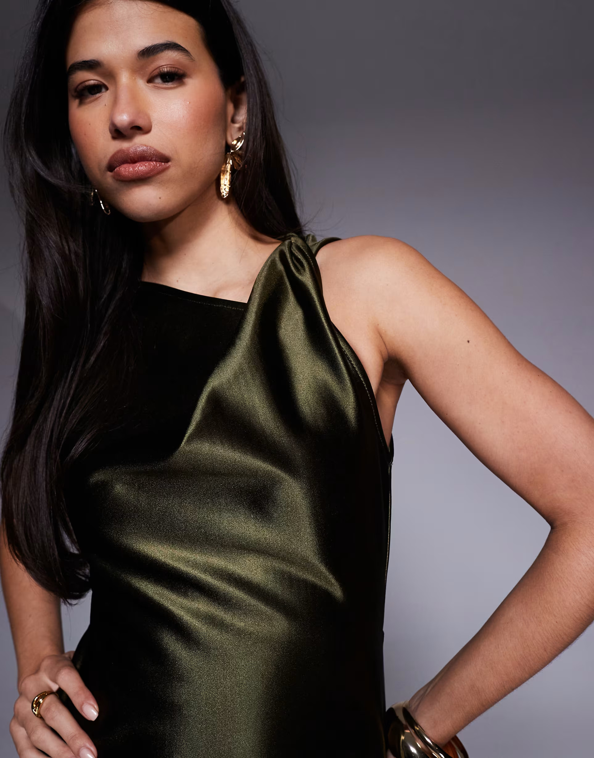 ASOS DESIGN twist high shine satin mini dress in khaki | ASOS (Global)