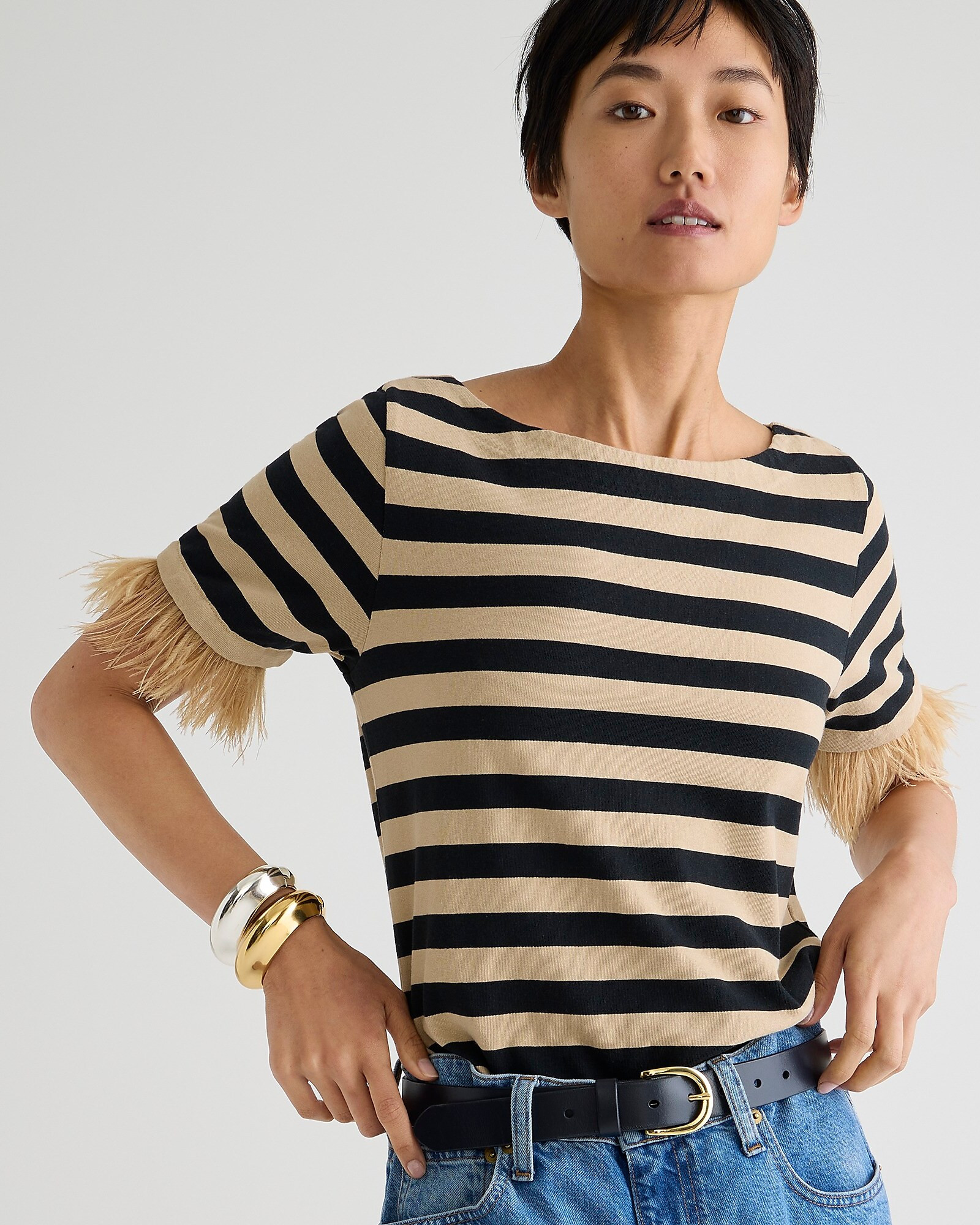 Mariner jersey cropped striped boatneck T-shirt with feathers | J. Crew US