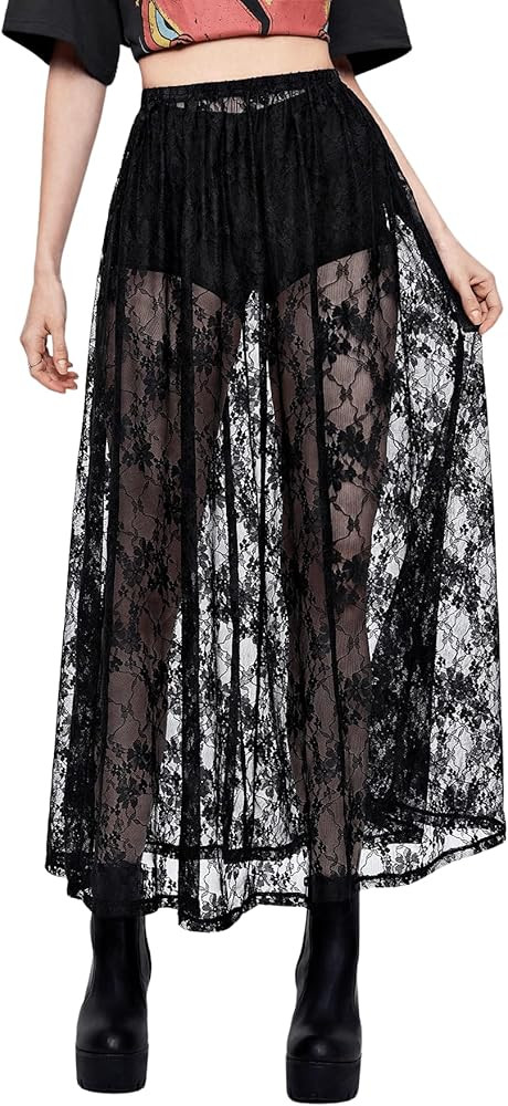 Verdusa Women's See Through Lace Skirts Elastic High Waist Sheer A Line Long Skirt | Amazon (US)