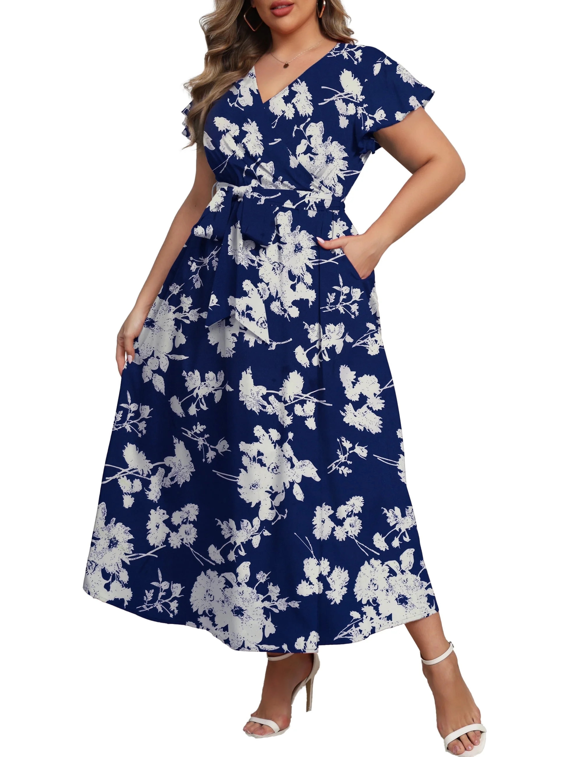 a.Jesdani Women's Plus Size Maxi Dress Boho Floral Butterfly Sleeve V Neck Flowy Maxi Dress Party... | Walmart (US)