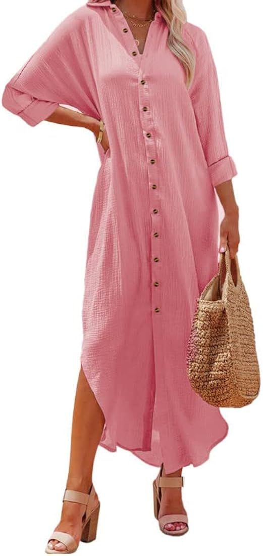 Women Elegant Casual Summer Spring Button Down Front Long Sleeve Maxi Dress Long Cardigan Cover U... | Amazon (US)