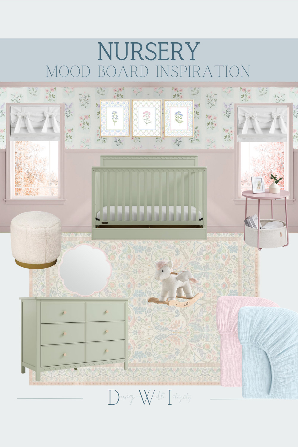 Soft sage green, blush pink, and delicate floral details come together to create a nursery that feels both timeless and playful. I love how the muted green crib grounds the space while the pastel accents and floral wallpaper keep the design feeling light, layered, and whimsical. The vintage inspired rug, scalloped mirror, and soft boucle textures add warmth and personality without overwhelming the palette. Every piece was selected to create a calming nursery that can grow beautifully with your little one. Tap through to shop the furniture, decor, and nursery styling details featured in this mood board.

#nurseryinspiration
#sagegreennursery
#babyroomdecor
#floralnursery
#nurserymoodboard

sage green nursery
blush pink nursery
nursery mood board
vintage nursery decor
floral nursery inspiration
green crib nursery
baby girl nursery
nursery styling 

 #LTKHome