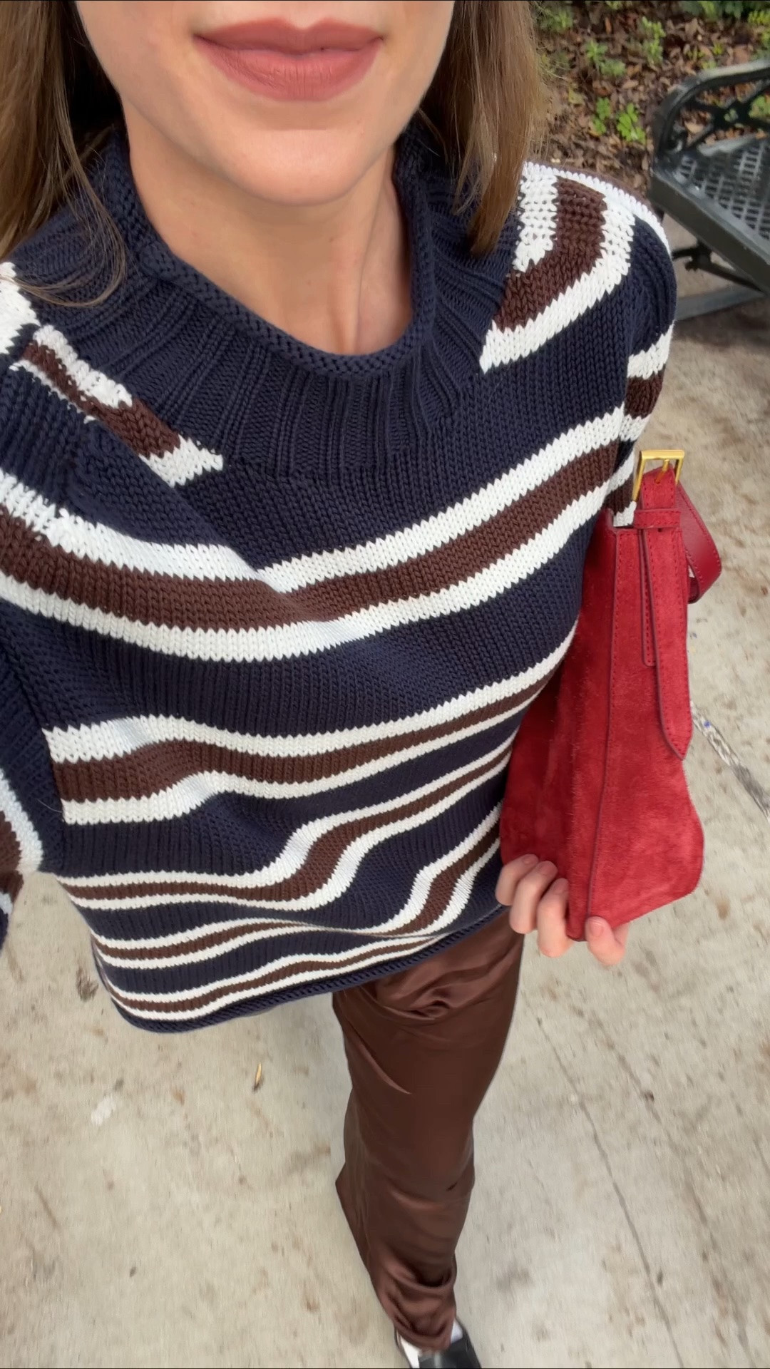 CANNOT get over this outfit from @jcrew  😍 An oversized, vintage-inspired iconic rollneck, chocolate brown pants, and the most beautiful red suede purse. Truly autumn perfection. #injcrew, #ad

#LTKgrwm #LTKootd #LTKSeasonal