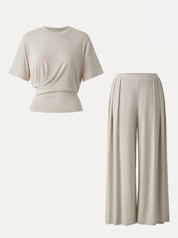 2Pcs Set Crewneck Short Sleeve Tee & Mid Rise Pleated Wide Leg Pant with Pockets | OGLmove