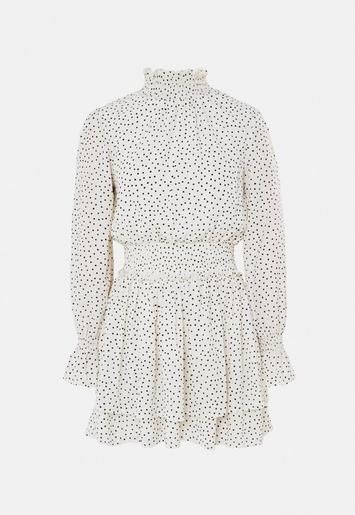 White Polka Dot High Neck Shirred Waist Dress | Missguided (US & CA)