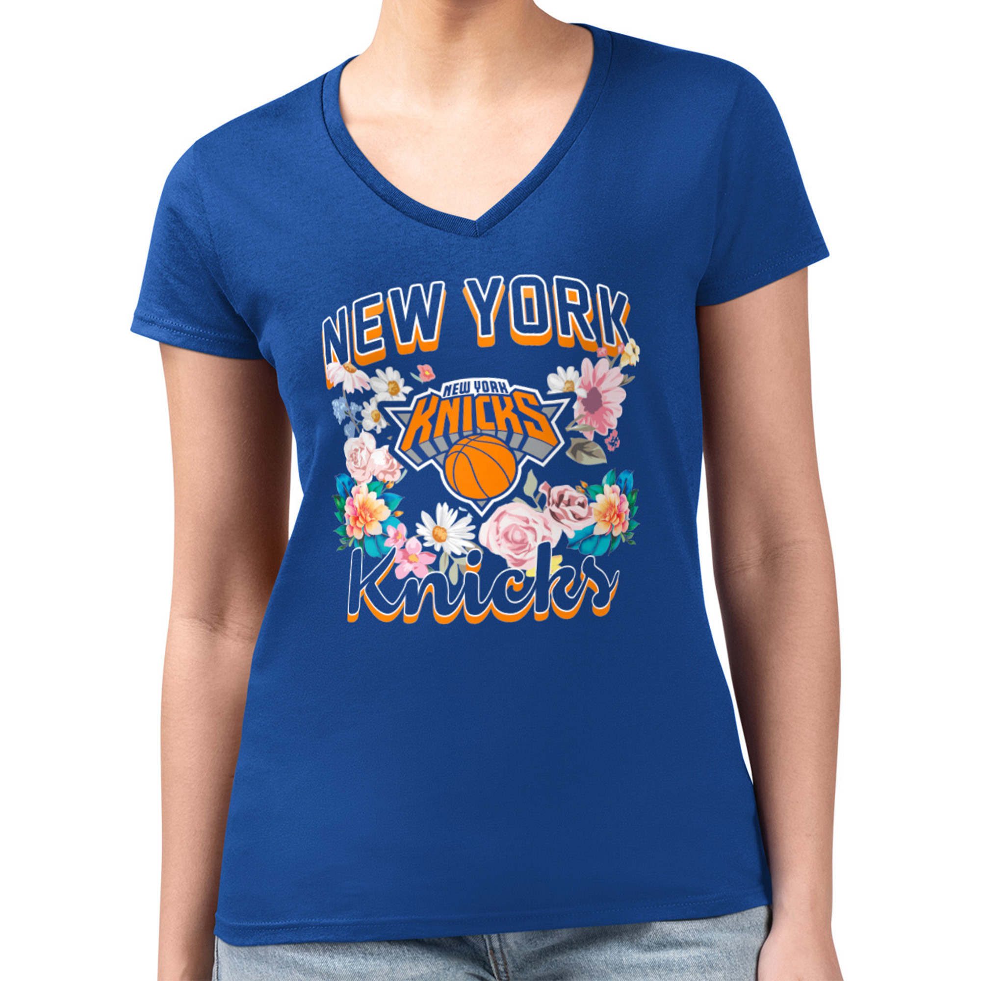 Women's G-III 4Her by Carl Banks Blue New York Knicks Super-Slim Fit Lightweight Flowers Team Logo Graphic V-Neck T-Shirt | Fanatics