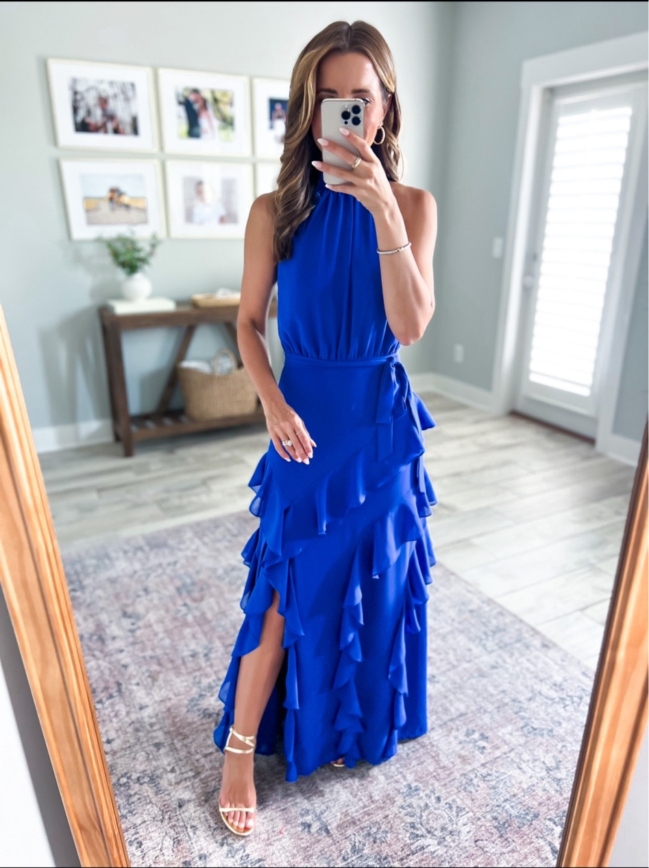 Wedding guest dress (XS). Summer wedding guest. Fall wedding guest. Formal dress. Cocktail dress. Royal blue maxi. Gold heels (runs a little small). Code LISA20 works on first time purchase!

#LTKtravel #LTKwedding #LTKshoecrush