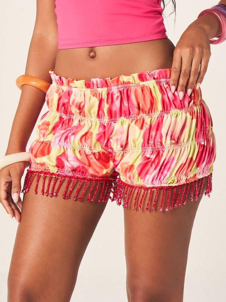 MISSGUIDED Smocked Elastic Waistband Shorts With Beaded Fringe Hem Detail And Tropical Floral Pri... | SHEIN