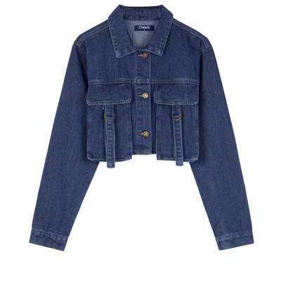 INSPIRE CHIC Women's Crop Turndown Collar Button Down Cargo Pockets Denim Jacket Dark Blue X-Large | Target