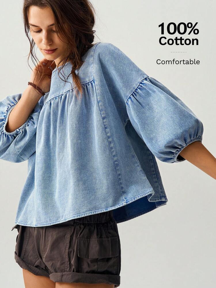 Bohemela Loose Fit Green Women's Vacation Puff Sleeve Shirt | SHEIN