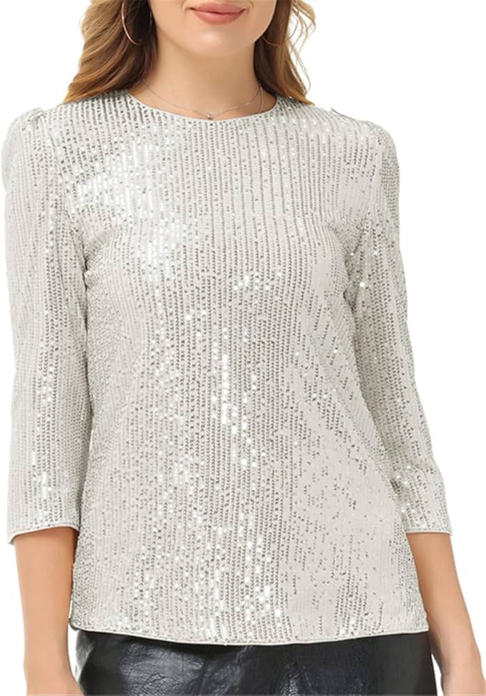 JASAMBAC 3/4 Sleeve Sequin Tops for Women Party Shimmer Embellished Sparkle Glitter Party Puff Tunic | Amazon (US)