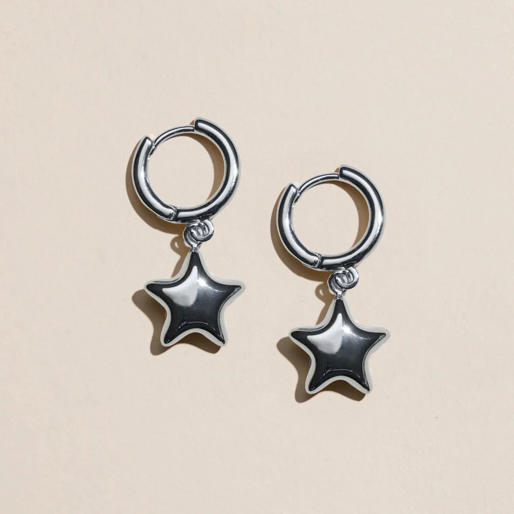 Silver Waterproof Puffy Star Huggie Earrings | Nickel and Suede