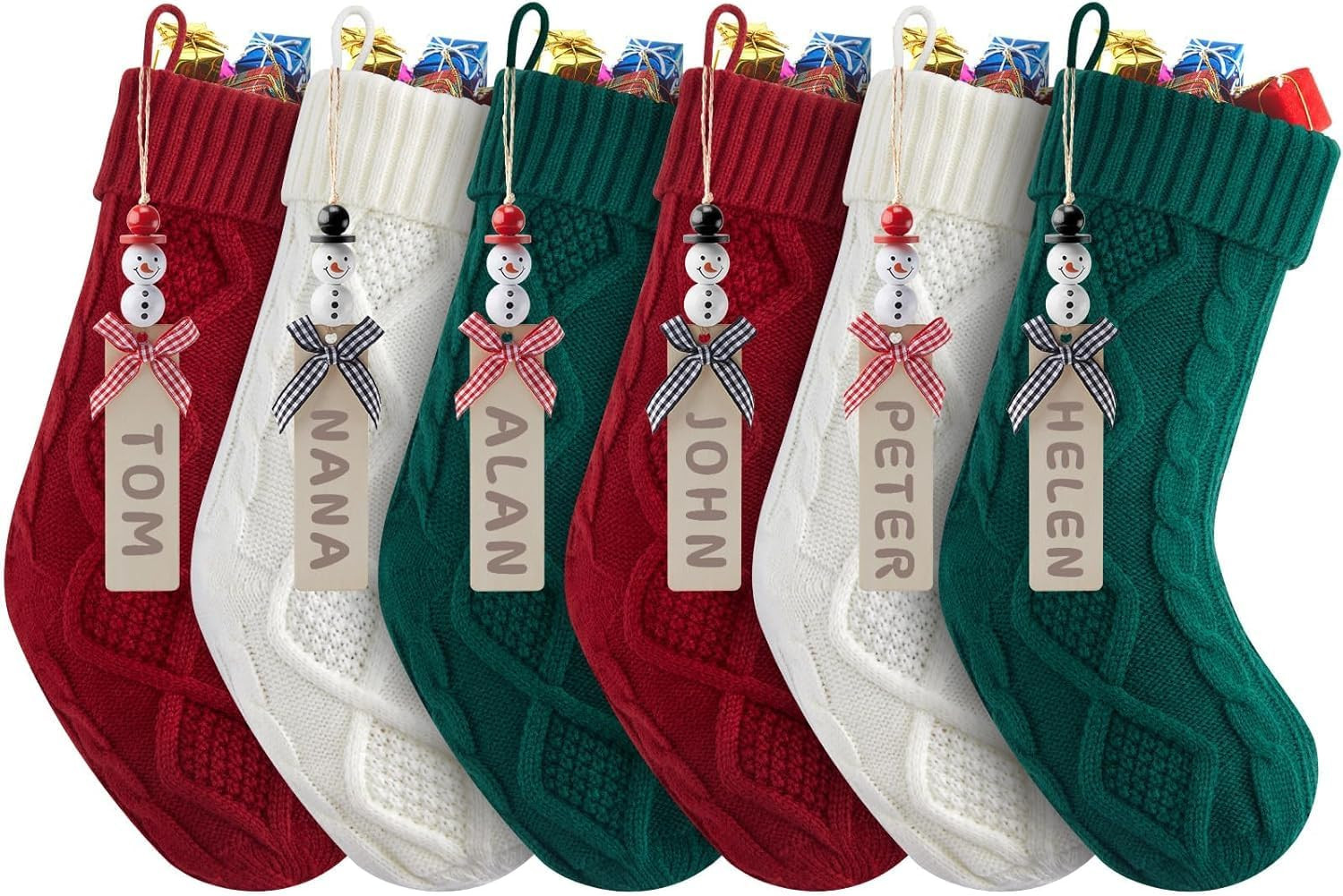 Personalized Christmas Stockings - 18 Inches Hanging Stockings with DIY Snowman Name Tags, 6 Pack Large Size Knitted Stockings for Mantels, Christmas Tree Family Holiday Decor, Red Green White | Amazon (US)