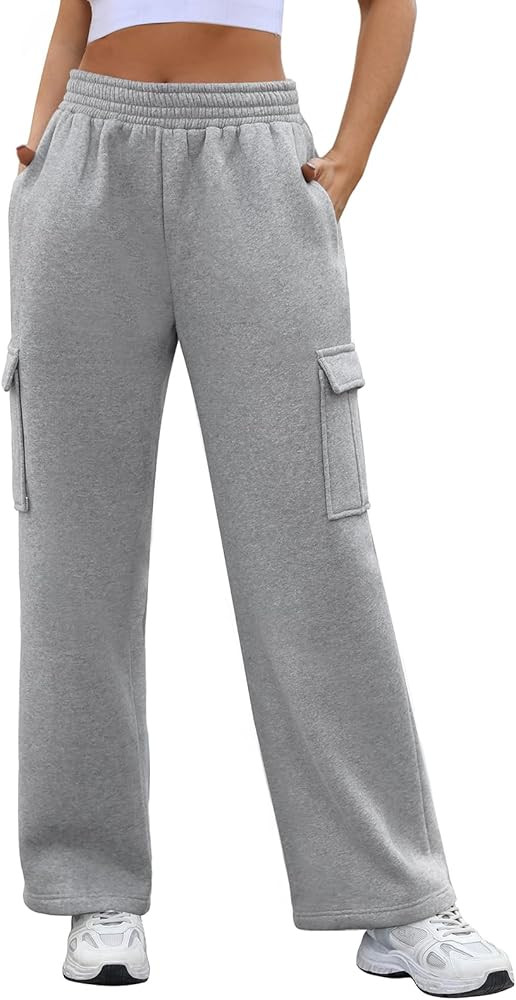Oleda Womens Cargo Swearpants Fleece Lined Joggers Sweat Pants Straight Wide Leg Jogging Track Pa... | Amazon (CA)