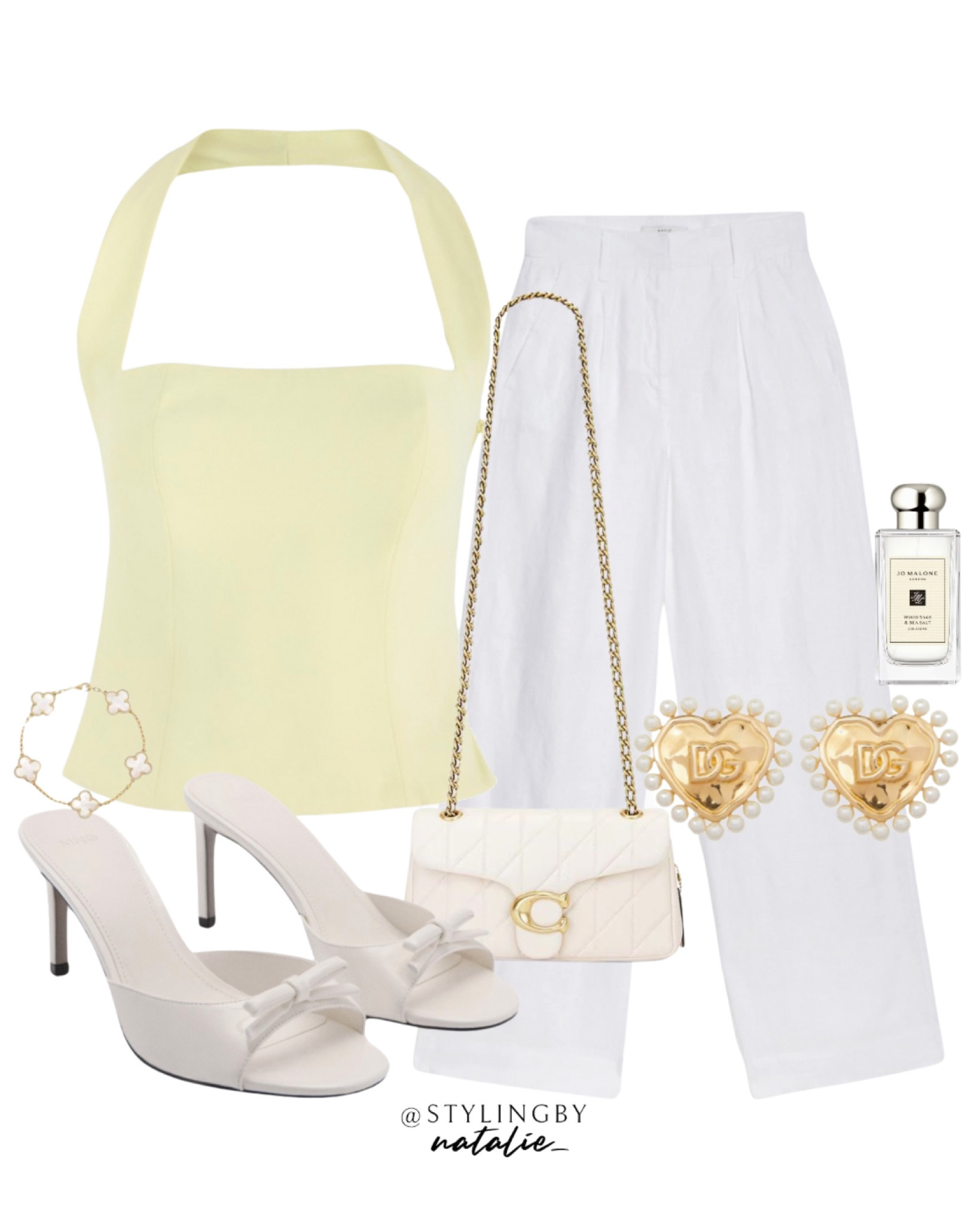 Yellow halter neck top, wide leg linen trousers, white bow heeled sandals, Dolce&Gabbana Heart shaped pearl stud earrings, coach Wuilted tabby shoulder bag, clover bracelet and Jo Malone fragrance. 
🏷️ Summer outfit, going out outfit, holiday outfit, vacation look, OOTN, party wear, club wear.

#LTKpartywear #LTKsummer #LTKstyletip