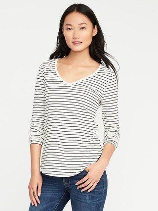 Old Navy Womens Everywear Curved-Hem V-Neck Tee For Women White Stripe Size XXL | Old Navy US