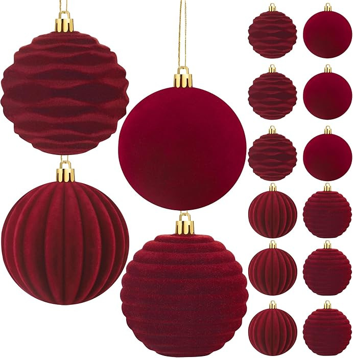 12PCS Wine Red Velvet Christmas Balls 3.15inch Flocked Christmas Tree Balls Ornaments Vintage Xma... | Amazon (US)