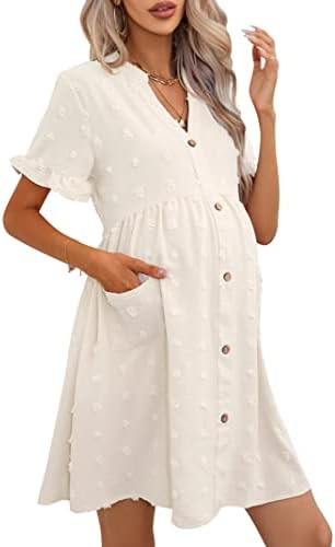 KOJOOIN Maternity Swiss Dot Dress Summer V Neck Short Sleeve Button Down Mini Dress Baby Shower P... | Amazon (US)