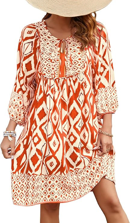 Qearal Women's Casual V Neck 3/4 Sleeve Boho Floral Printed Loose Short Flowy Summer Beach Vacati... | Amazon (US)