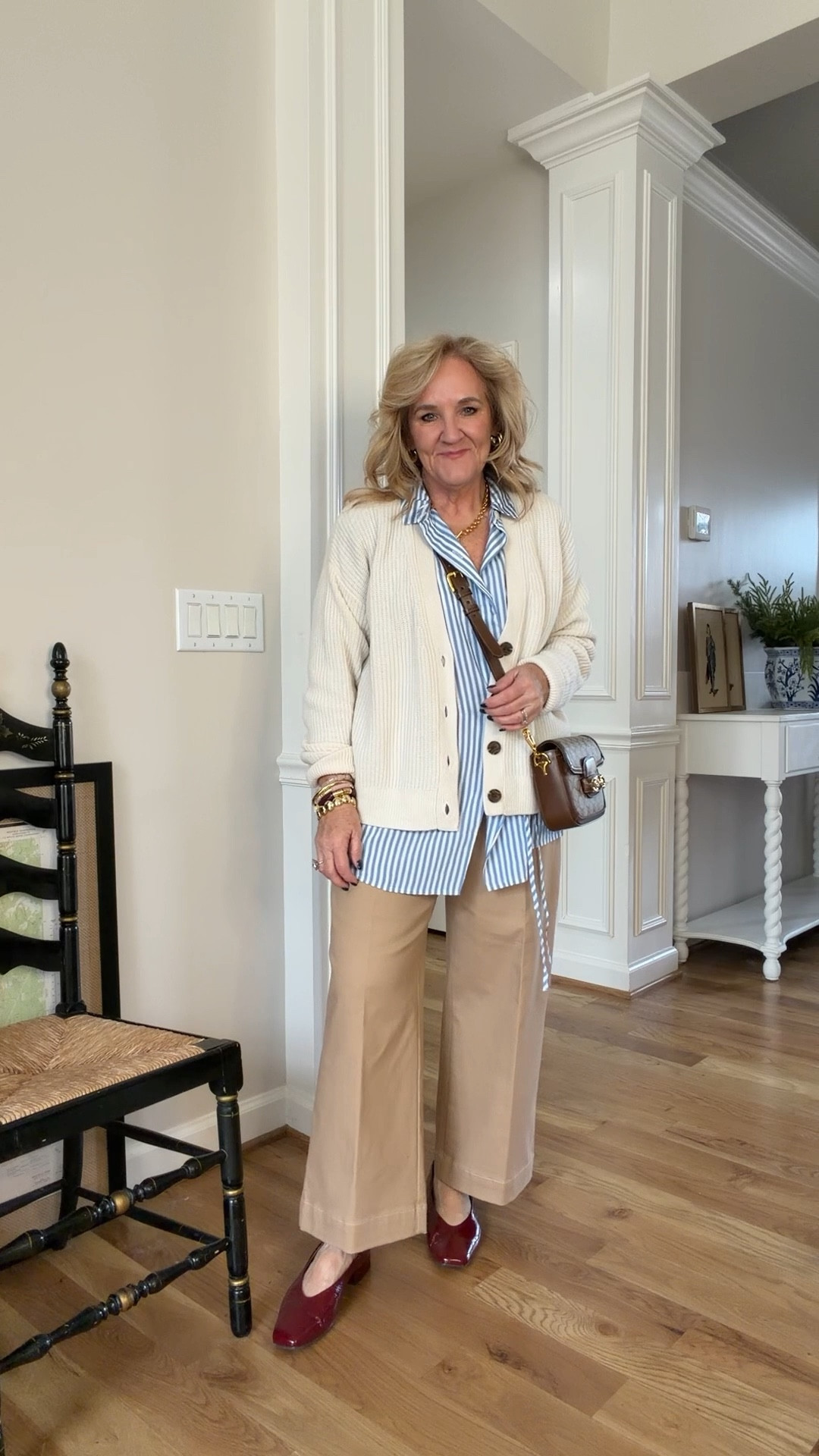 Update your office outfits with these classic pieces but in updated on trend silhouettes

Blouse size medium 
Khakis size 8 
Navy blazer 10 petite 
Cashmere cardigan size medium 
Merlot flats true to size 
Gucci bag. I’ll link a few great bag options too  

#LTKSaleAlert #LTKWorkwear #LTKOver40