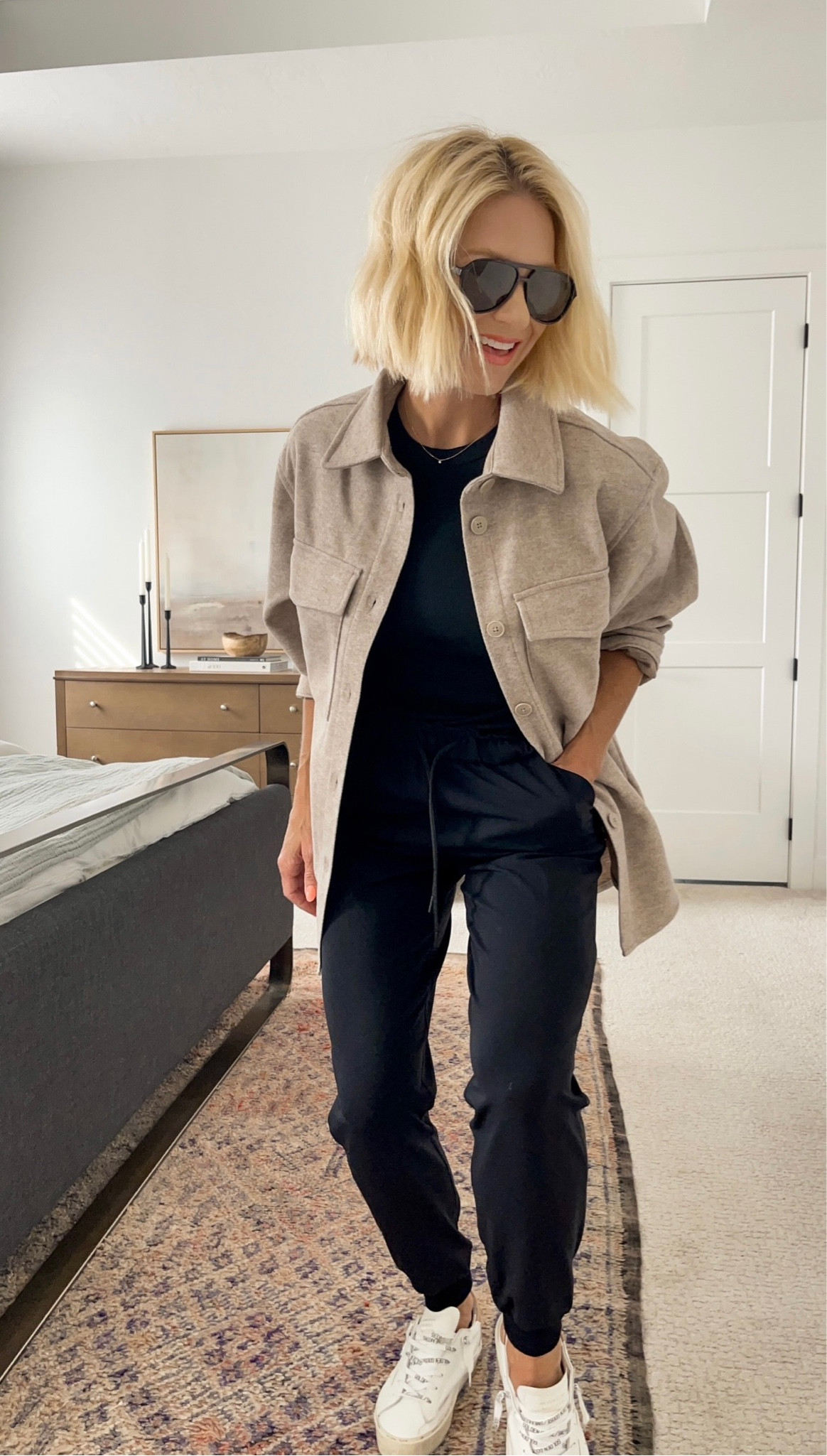 Causal Outwear: budget friendly Bomber (I shopped in the boys!) & beige shirt jacket — both under $40👌🏼 black oversized denim shirt jacket is an investment piece I’ll be grabbing for years. Amazing fit
& quality. Holy grail joggers & tank — I’ve built countless outfits with these items.
Sizes:
Beige & black shirt jackets: wearing size small (oversized!)
Black bomber: wearing boys US 16 (*note- US 14 fit great in body, but arms were too short.)
Joggers: wearing size 6
Tank: size medium 
Love me some gg’s. Invest in your FEET! Truly, no comfier pair of shoes (except maybe Birkenstocks)😉

#LTKfindsunder50 #LTKSeasonal #LTKsalealert