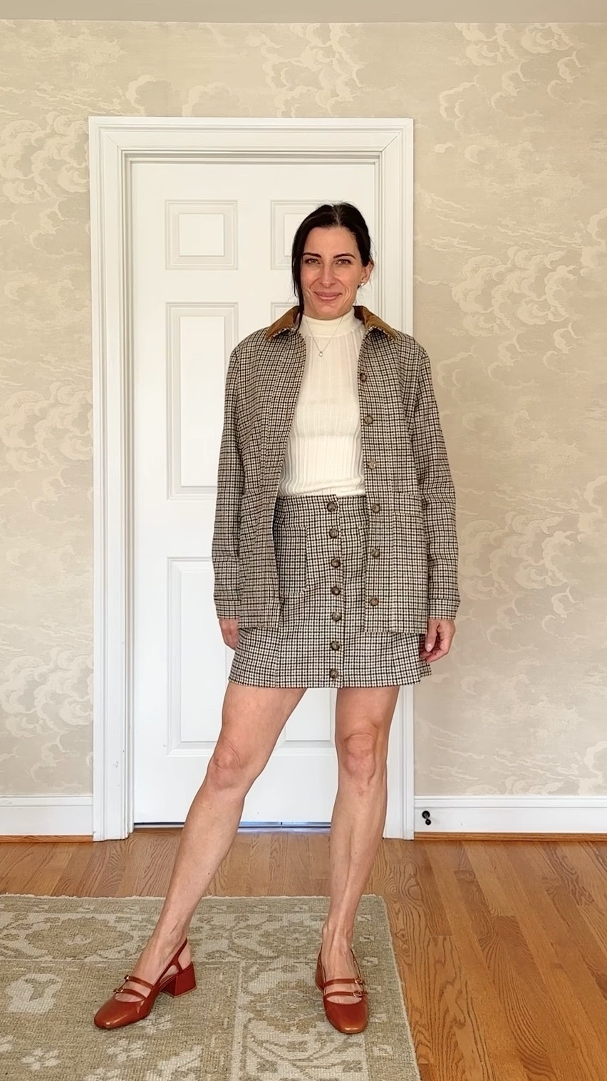 Sézane button from mini skirt and Will jacket in houndstooth print. Paula babies Mary Jane sling back pumps 

#LTKStyleTip #LTKOver40 #LTKMidsize